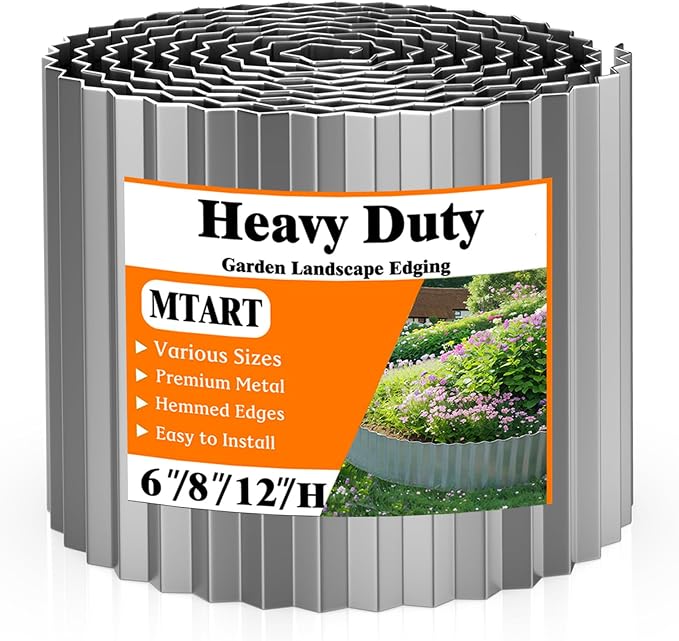 MTART Metal Garden Edging for Landscaping, Sturdy Corrugated Edging Border for DIY Flower Bed, Lawn and Landscape Edging (Silver, 4"×10Ft)