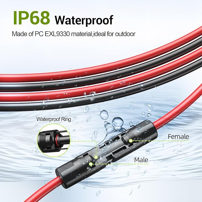 50Feet 10AWG Solar Extension Cable, 10 Gauge Solar Panel Cable with Female and Male Connectors for Outdoor RV, Off-Grid Photovoltaic Systems(Black+Red)