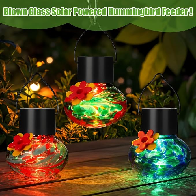 Nuogo 3 Pcs 3.54 Inch Blown Glass Hummingbird Feeders Solar Powered Hummingbird Feeder with LED Light for Garden Outdoors Window Decor Valentine Hanging Gifts Ant and Bee Resistant(Stylish Colors)