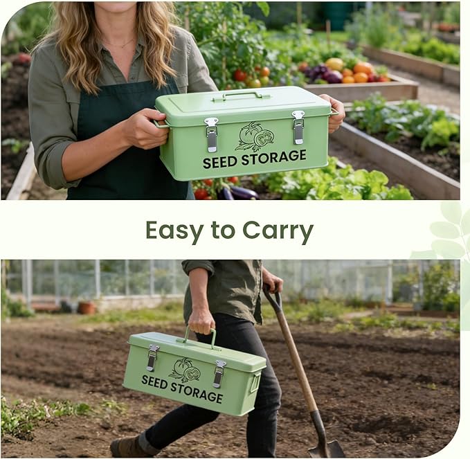 Seed Storage Organizer Box, Metal Seed Box, Garden Seed Organizer with Lid, Seed Containers Storage with 5 Compartments, 30 Seed Holder Organizers, 100pcs Seed Envelopes (Green)