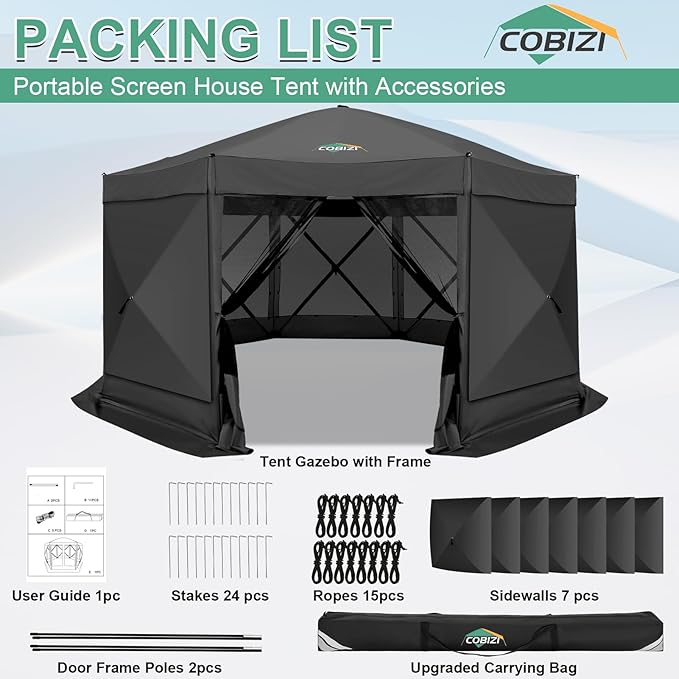 COBIZI 15x15 FT Pop Up Gazebo, Canopy Tent, Large Gazebos On Clearance with Sidewalls, Screened in Gazebo,carpas para Patio,Portable Screen Tents for 12-15 Persons Outdoor Camping, Backyard, Black
