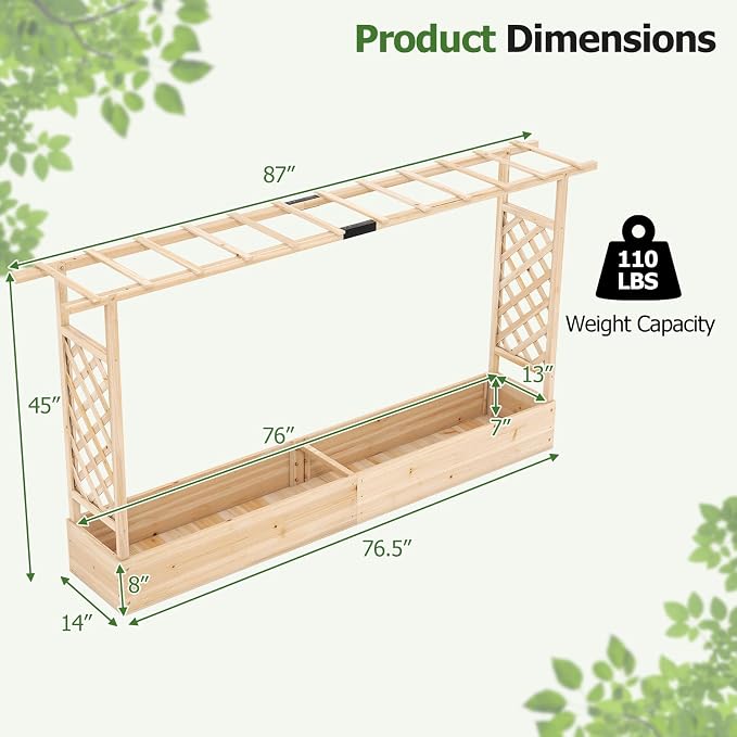 HAPPYGRILL Raised Garden Bed with Trellis, 2 Freestanding 45" Wood Planter Box w/Hanging Roof & 8 Drainage Holes for Vine Climbing Plants Flowers, Outdoor Wood Elevated Garden Bed for Patio Yard