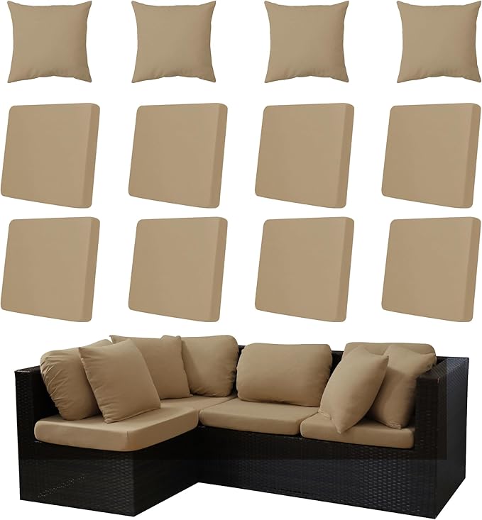12-Piece Outdoor Cushion & Pillow Cover Set, 8 Seat Covers + 4 Pillow Covers, Stretch Patio Furniture Slipcovers for Sofa Sectional Chair