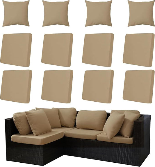 12-Piece Outdoor Cushion & Pillow Cover Set, 8 Seat Covers + 4 Pillow Covers, Stretch Patio Furniture Slipcovers for Sofa Sectional Chair