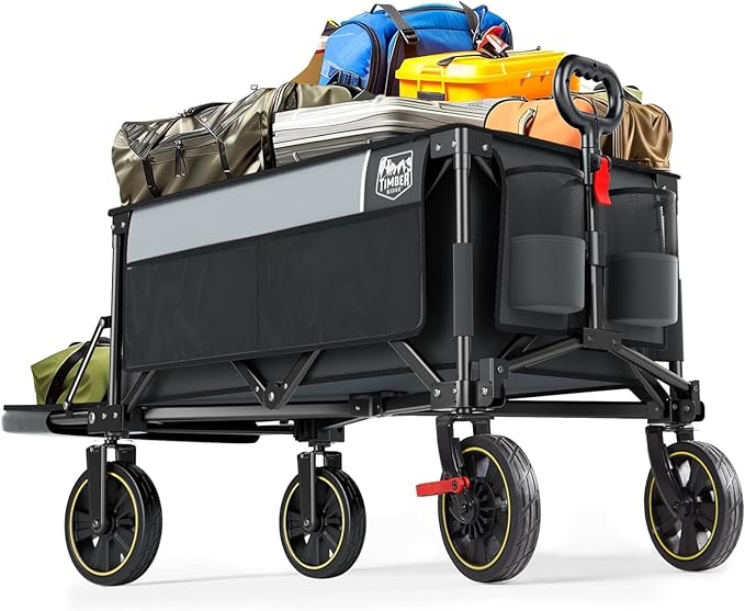 Timber Ridge 49" Extra Long Collapsible Folding Wagon with Tailgate and Brakes, 300lbs Heavy Duty Foldable Wagon with Adjustable Handle, 250L Capacity Portable Cart for Outdoor Camping Sports, Grey