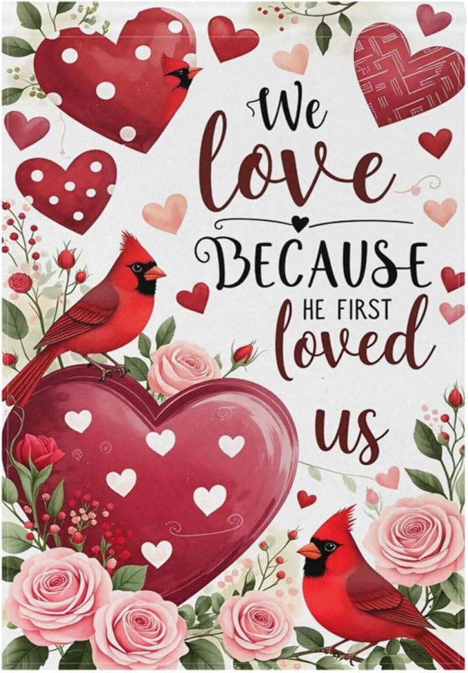 Pfrewn Valentine House Flag 28 x 40 Double Sided, Red Rose Floral Cardinal Garden Yard Flags Welcome Spring Outdoor Indoor Banner for Wedding Party Home Decorations