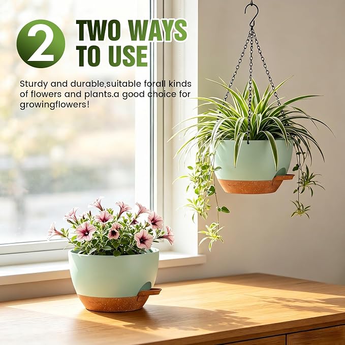 8 Inch Self Watering Hanging Planters, 3 Pack Plastic Plant Pots | Sturdy lightweight pot with side watering lip, drainage holes, snap-on detachable tray & hanging chain for easy care