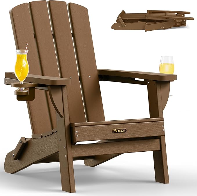 Folding Adirondack Chair, HDPE Adirondack Chairs with 2 Cup Holder, Plastic All-Weather Fire Pit Chairs, Outdoor Lawn Chair for Patio Garden (Brown)