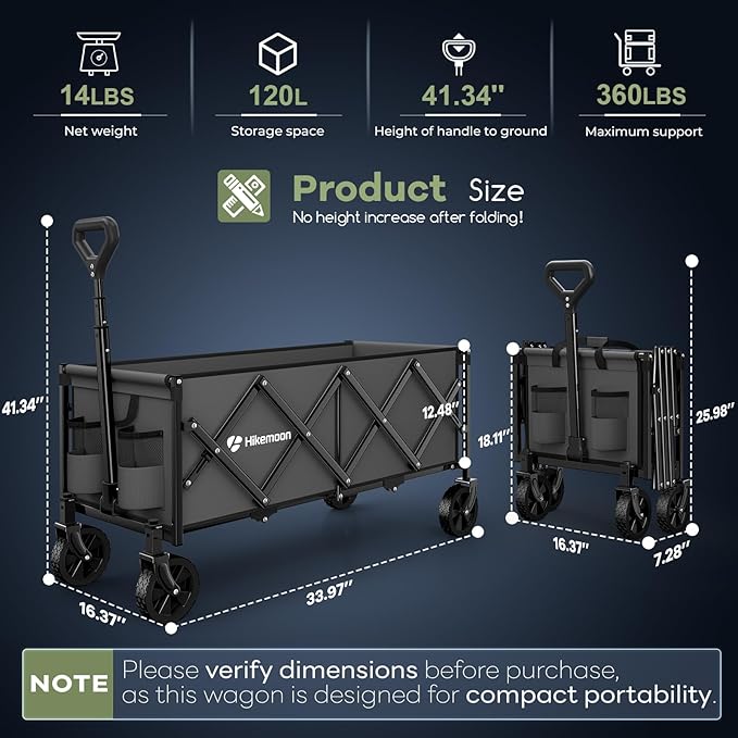 Hikemoon 34'' Extra Long Collapsible Wagons Carts Foldable, 360LBS Heavy Duty Folding Beach Wagon with Wheels, Portable Utility Outdoor Cart for Grocery, Garden, Sports, Camping, Grey