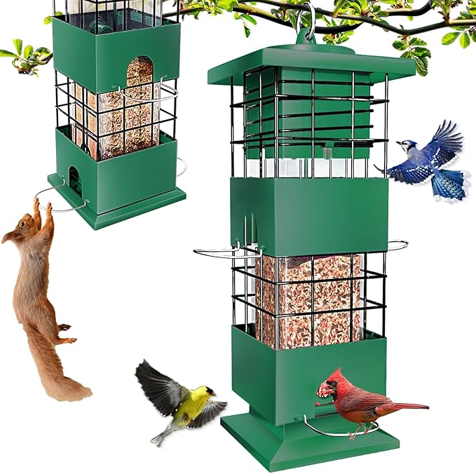 Squirrel Proof Bird Feeder, 3LBS Metal Hanging Bird Feeders for Outdoors, Weight-Activated Perches Wild Birdfeeder for Blue Jay, Cardinal (Green)