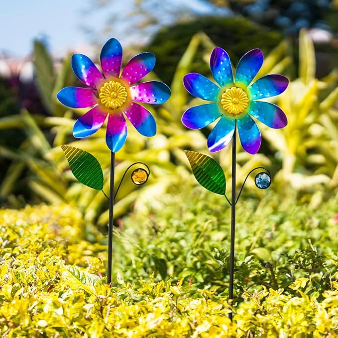 Viveta 2 Pack Flower Wind Spinners, Metal Wind Sculptures & Pinwheels for Garden, Kinetic Windmill for Yard Lawn Patio Decor(Blue and Pink)