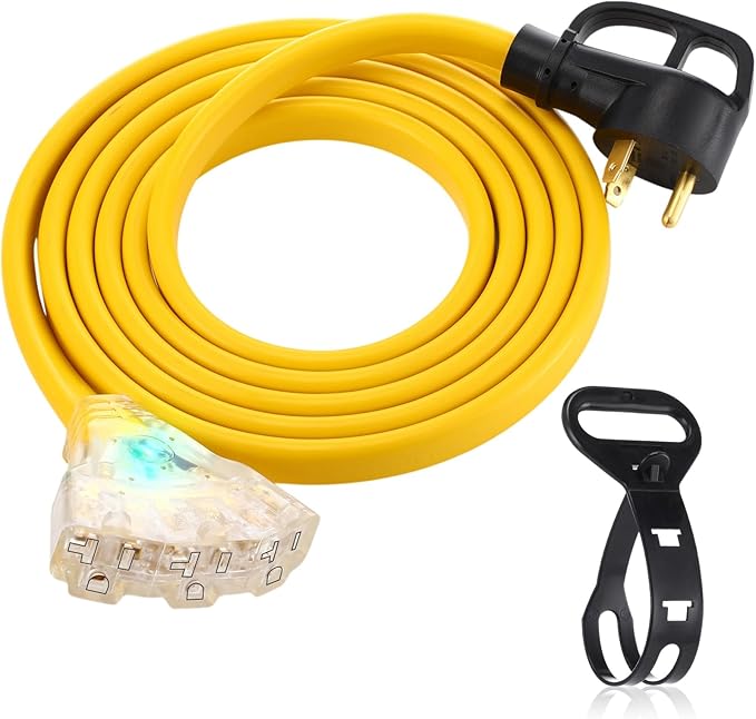 Tellegloww 10 FT Flat RV Generator Adapter Cord NEMA TT-30p to 3X 5-20R/5-15R, 30A to 110V 15/20 A Household Outlet Adapter, 10 Gauge Flat Rv Generator Extension Cord, Etl Listed, Yellow
