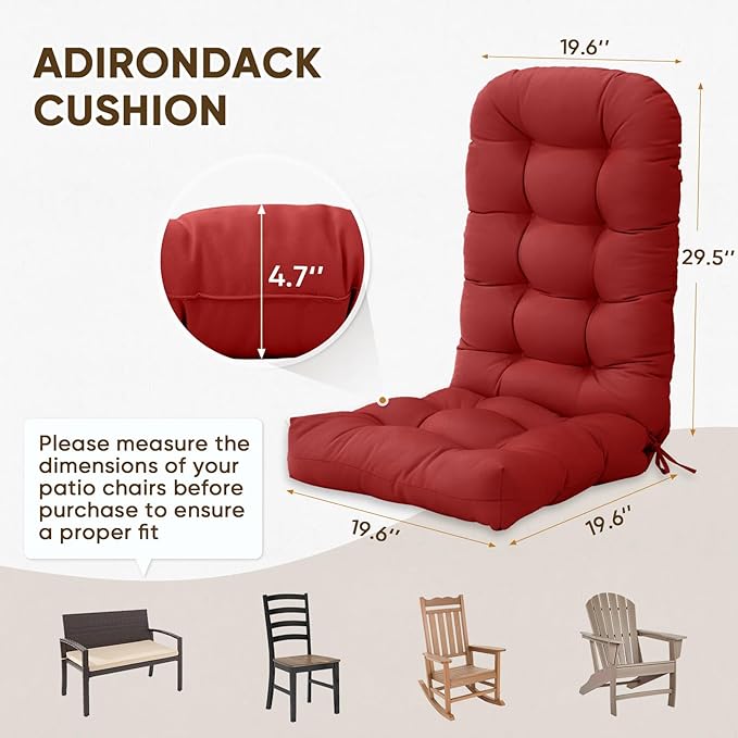 COOS BAY High Back Adirondack Chair Cushions for Outdoor Furniture, 49x20x5 in Water-Resistant Thick Tufted Patio Chair Cushions with Secure Straps, Set of 2, Red