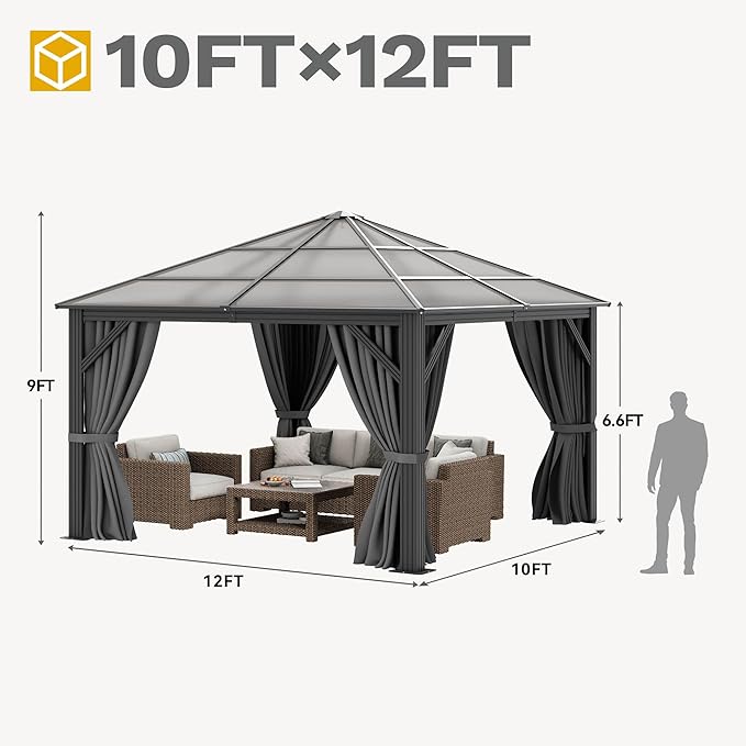 DWVO 10x10ft Hardtop Gazebo Polycarbonate Canopy Outdoor with Netting and Shaded Curtains, Metal Frame Garden Tent for Patio, Backyard, Deck and Lawns, Gray