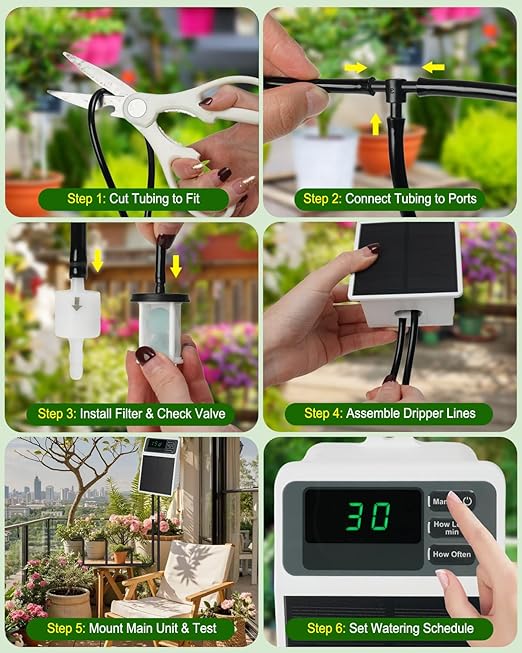 Solar Automatic Drip Irrigation System, 15 Pot Self Watering System with 2200mAh, IPX5 Waterproof, USB-C & Solar Charging, Timer Modes for Indoor/Outdoor Garden, Balcony & Patio