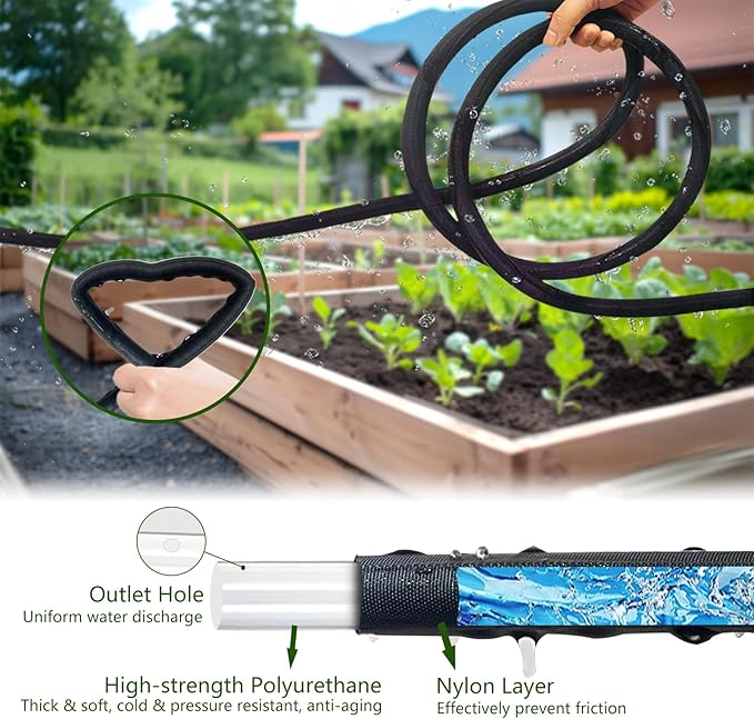Soaker Hose 100FT, Thickened Flat Soaker Hoses For Garden 100 ft 2 pack, Drip Irrigation Hose Saves 80% Water, Leak-free Design Water Hose with Holes For Lawn, Flower Bed, Vegetable Field (50 FT x 2)