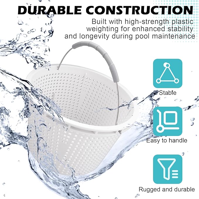 8" Pool Skimmer Basket for Inground Pool Compatible with Pentair U-3 Skimmer Basket 08650-0007 and Hayward SP1070 Pool Basket Stainless Steel Handle Rubber Grip & Built in Weighting White 2 Pack