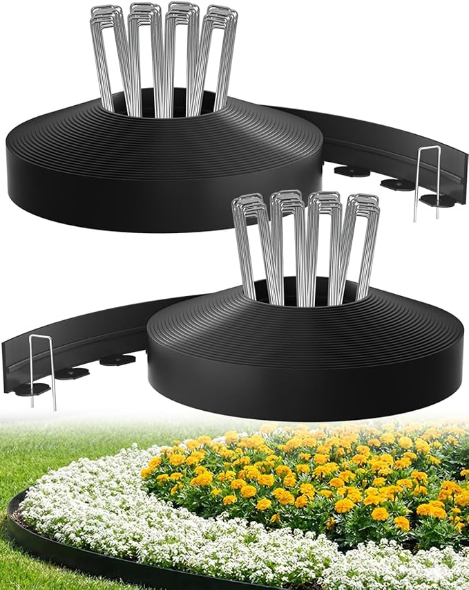 Bluepro Landscape Edging, 2 Inch 100 ft Garden Border Edging Upgraded with 150 Steel Stakes (Strong) & Reinforced Design - Durable Plastic Garden Border for Flower Beds, Lawn & Yard
