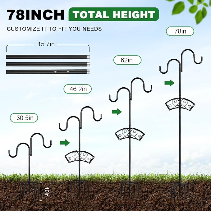 78" Heavy Duty Freestanding Garden Hose Holder, Supports 30lb & 150ft Water Hose Stand with Hose Reel, 5 Ground Spikes & 2 Shepherd Hooks, for Hose Storage, Hanging Bird Feeders, Planters