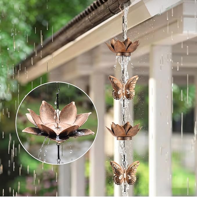 MorningRo Brass 8.5ft Rain Chains for Gutters Outside with Anchor Basin 12 Cups Rain Chain Catcher Downspout Replacement Adjustable Metal Garden Rainwater Divert for Eaves Drainage (Butterfly)
