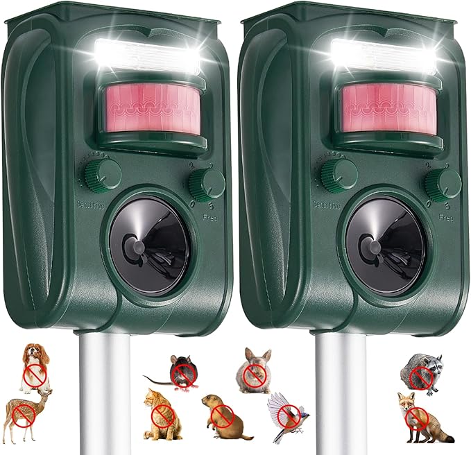 Upgraded Solar Ultrasonic Squirrel Deer Repellent Devices Motion Detection 5 Adjustable Modes, Cat Raccoon Rabbit Dog Deterrent, Animal Repellent with Waterproof for Yard, 2P Dark Green