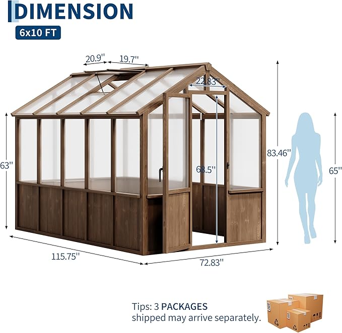6x10 FT Greenhouse - Large Wooden Greenhouses for Outdoors, Heavy Duty Spruce Frame Greenhouse with PC Panels, Adjustable Roof Vents & Lockable Door, Walk-in Green Houses for Garden, Backyard, Patio