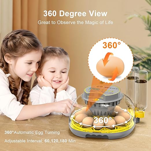 Incubator for Hatching Eggs-12 Egg Capacity, 2026 Newly Upgraded Automatic Egg Turner, Temperature & Humidity Control, 360° Viewing for Chicken, Duck and Quail Eggs (Grey)