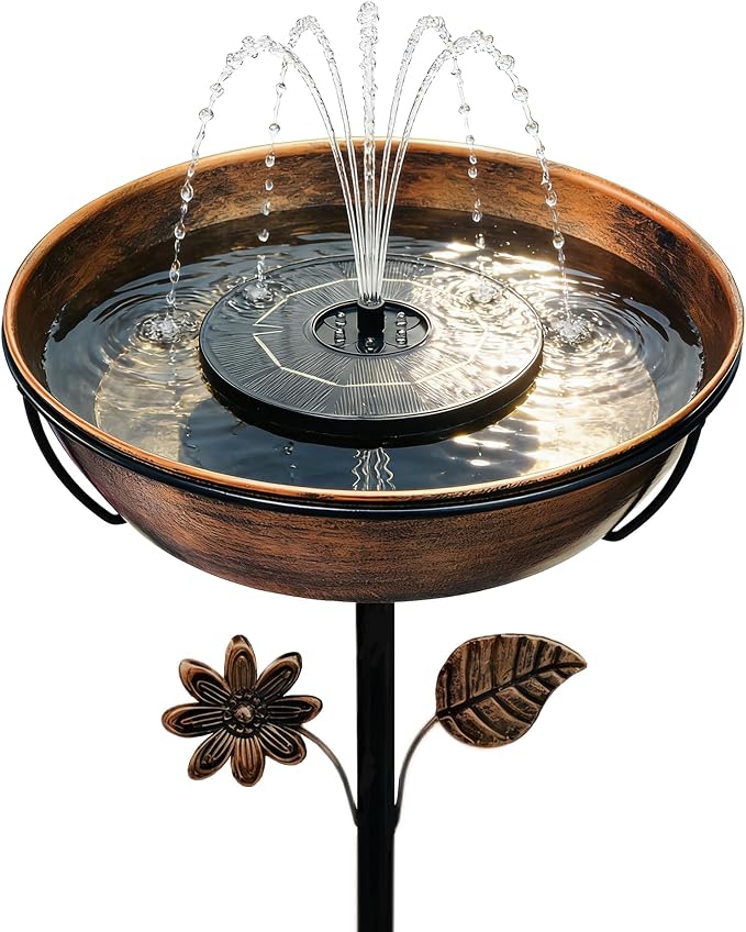 Metal Bird Bath with Solar Fountain - 12" Outdoor Birdbath Bowl + 6.3" Solar Pump with Battery LED Lights & with 4 Fixed Rods | Garden Bird Bath for Yard, Lawn, Patio, Flowing Water Feature