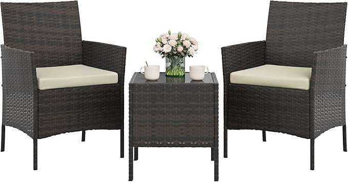 GAOMON 3-Piece Patio Furniture Set, Modern PE Rattan Conversation Set with 2 Chairs & Tempered Glass Coffee Table, All-Weather Outdoor Seating for Garden, Porch, Balcony, Poolside, Brown/Cream