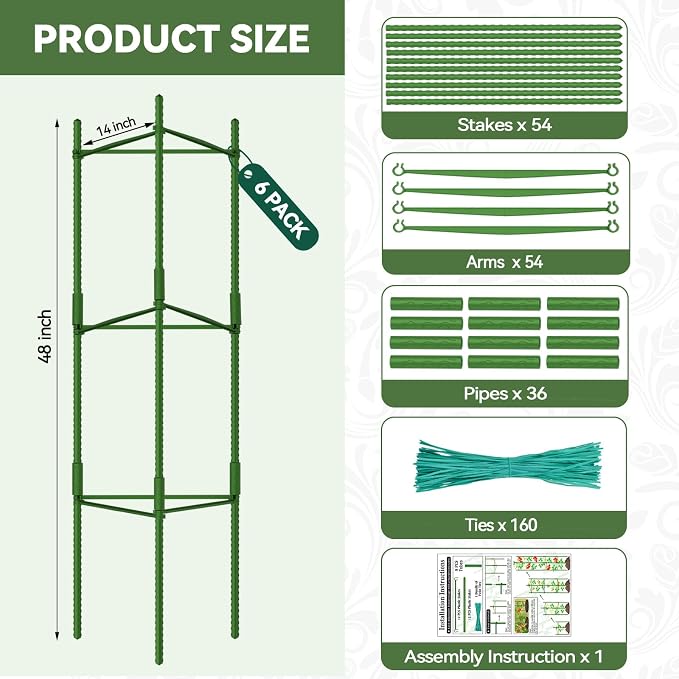 Halatool 6 Pack Tomato Cages for Garden Plant Support Stakes, 48 Inch Adjustable Tomato Trellis for Pots & Raised Garden Bed, Tomato Cage for Climbing Plants Eggplant Pepper Cucumber Bean Outdoor