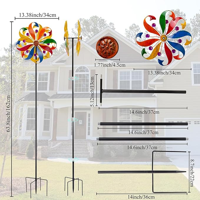 DREAMYSOUL Wind Spinners Outdoor, 13" Dia Colorful Petals Metal Garden Wind Spinner, Kinetic Wind Sculptures & Spinners for Yard Lawn Patio Decor
