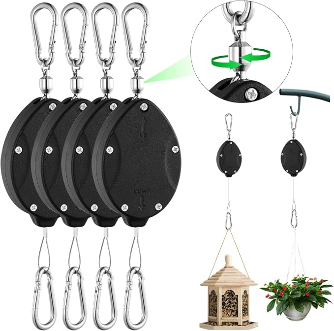 4 Pack Heavy Duty Retractable Plant Hangers, Adjustable Pull-Down Pulleys with 63" Stainless Steel Rope, Double Hooks for Hanging Plants, Bird Feeders, Planters & Pots, Indoor & Outdoor Use
