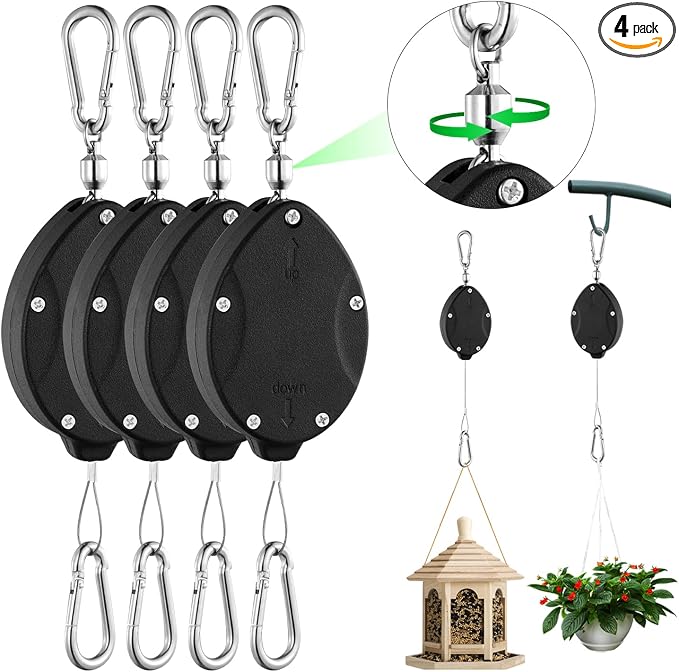 4 Pack Heavy Duty Retractable Plant Hangers, Adjustable Pull-Down Pulleys with 63" Stainless Steel Rope, Double Hooks for Hanging Plants, Bird Feeders, Planters & Pots, Indoor & Outdoor Use