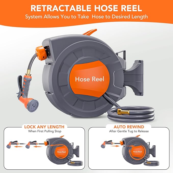 GAOMON Retractable Garden Hose Reel - 1/2 in x 72 ft, Wall Mounted, 9-Function Sprayer, Any Length Lock, 180° Swivel, Automatic Slow Rewind