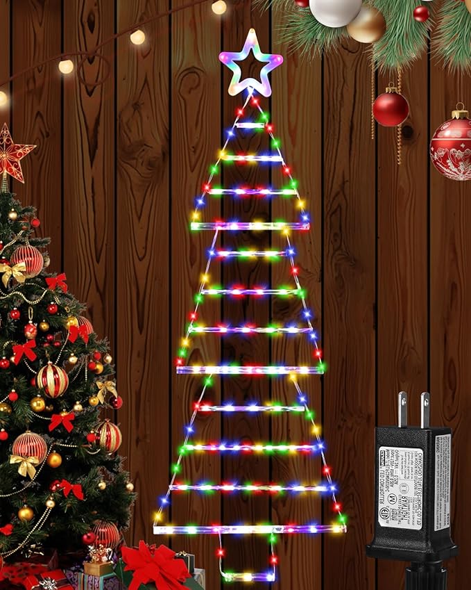 LED Christmas Lights Outdoor,4.6ft 189 LED Christmas Tree Ladder Light with Star Topper 8 Modes Christmas Decorations Lights for Indoor Outdoor, Window, Garden, Home, Wall, Xmas Tree Decor-Multicolor