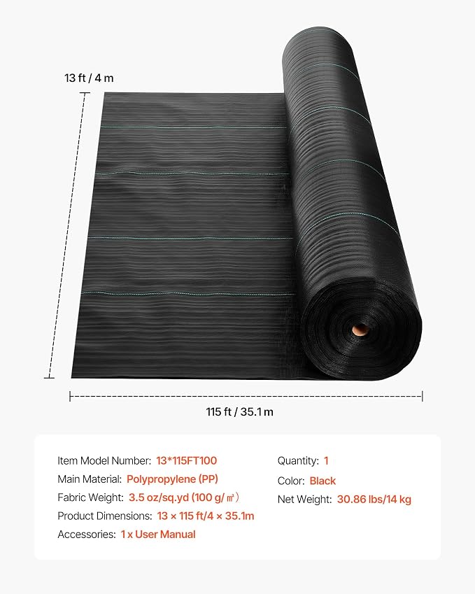 VEVOR 13x115FT 3.5oz Weed Barrier Fabric Heavy Duty, Landscape Fabric, Woven Weed Blocker Fabric, Garden Weed Fabric, Weed Control Fabric Ground Cover, Landscaping Cloth, Weed Mat, Black