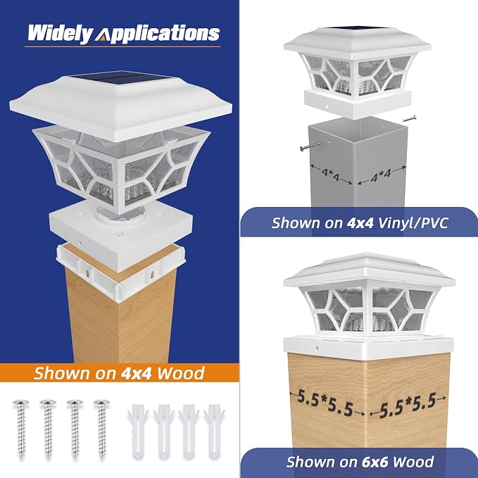 APONUO Solar Post Cap Lights 8 Pack with 1000mAh Battery - for 4x4 5x5 6x6 Fences, Larger Size & Longer Lasting, 2-Mode, IP64 Waterproof, for Deck Patio Yard (White)