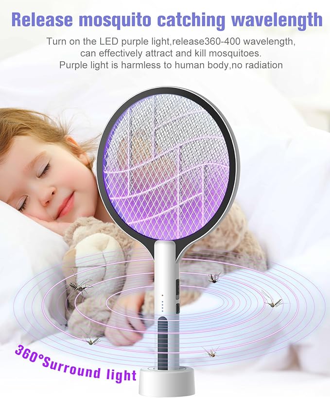 Electric Fly Swatter 4500V Bug Zapper Racket, 2 in 1 Handheld Fly Zapper & Purple Mosquito Killer Rechargeable and 3-Layer Safety for Indoor Home Office Backyard Patio Camping