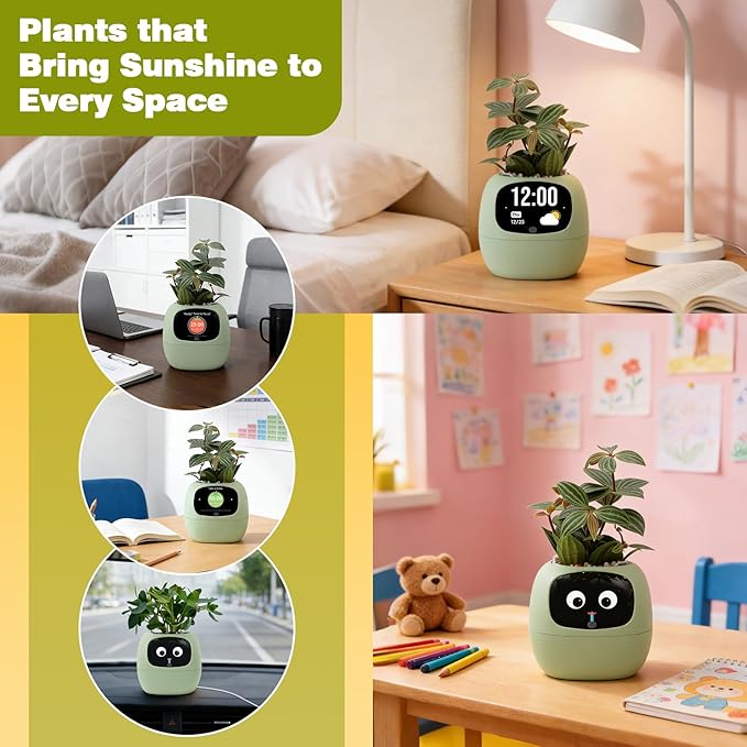 Smart Planter with App Control, Self-Watering AI Plant Pot with LCD Display, Interactive Desk Plant Companion for 100+ Plants, Smart Indoor Planter with Pomodoro Timer,80ml Reservoir,Calendar-Green