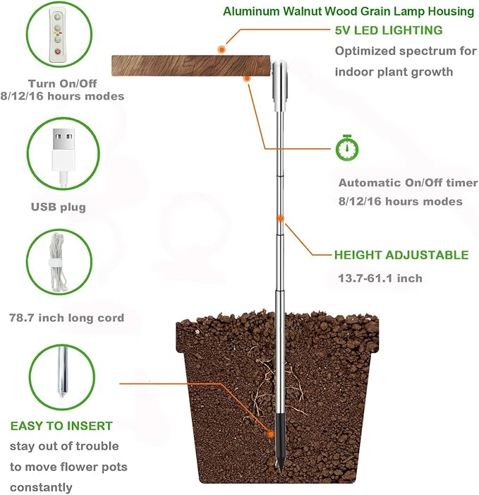 yadoker Grow Light for Large Indoor Plants, Full Spectrum LED Plant Light, Height Adjustable for Tall Plants, Auto On/Off Timer, 5V Safe Low Voltage Walnut Grain Grow Lamp for Home & Office