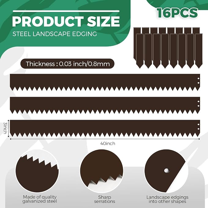Blulu 16 Pieces Steel Landscape Edging 3 x 40 Inch Metal Garden Landscape Edging Border for Flower Bed Outdoor Garden Yard Fence Pathway Divider(Brown)