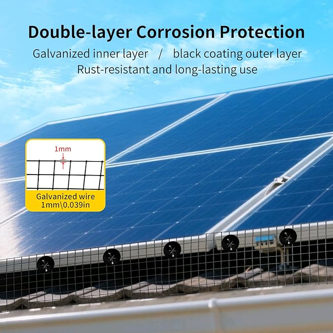 Solar Panel Bird Guard,6in X 100ft Critter Guard for Solar Panels,1/2inch mesh Black Coated Galvanized Rust-Resistant Net,roof Protection net Kit,with 80 Fastener Clips and Cutting Scissor