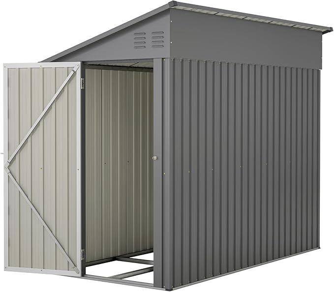 YOPTO 4×8 FT Lean to Metal Shed,Outdoor Heavy-Duty Storage Shed with Floor Base,All Weather Waterproof Garden Tool House W/Lockable Door&2 Air Vents,Reversible Door Design,for Backyard,Patio,Lawn,Gray