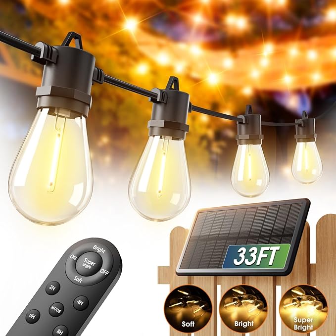 addlon 33FT (27+6) Solar String Lights for Outside Outdoor Waterproof with USB Port & Remote Control Solar Patio Lights Last for 20+Hrs Dimmable Solar Power LED Bulbs Hanging for Porch Garden Bistro