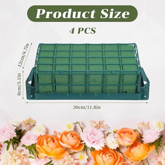 4 Pcs Floral Foam Cage with Foam, Green Plastic Rectangle Flower Holder, 11.8 x 4.7 x 3.1 Inches, Arrangement Supplies for Fresh or Artificial Flowers, Wedding, Home Decor, Centerpieces