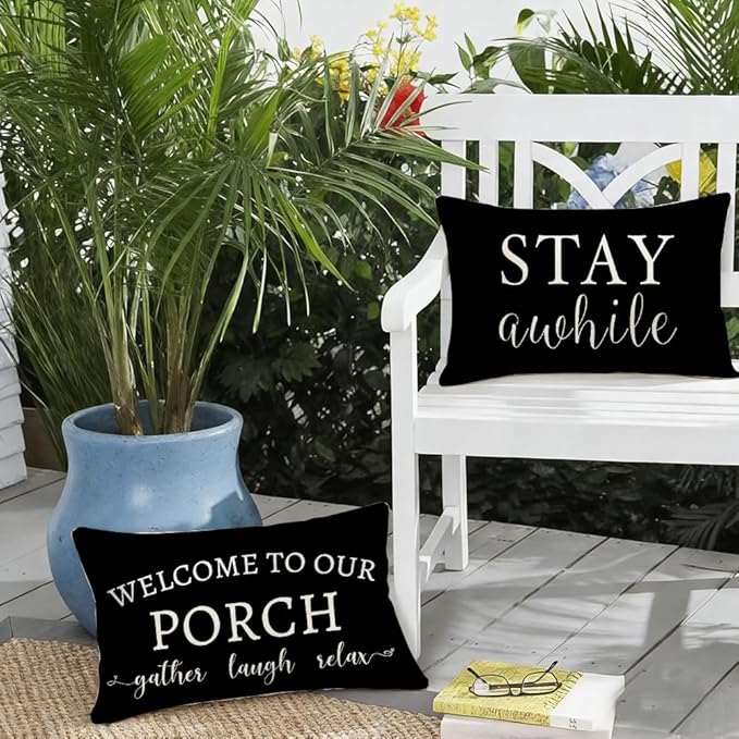 RABUSOFA Welcome to Our Porch Decor Outdoor Pillow Covers Waterproof,12x20 Set of 2 Black and Cream Stay Awhile Relax Lumbar Cushion Case Decorations for Patio Couch (Black)