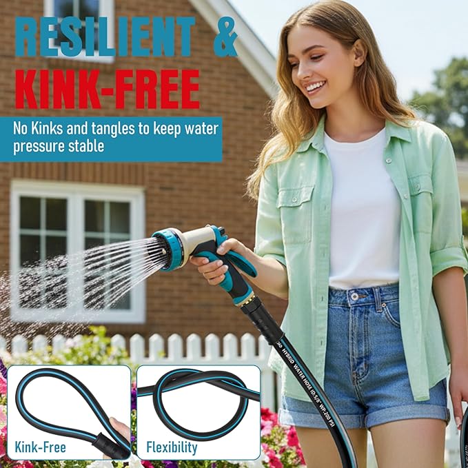 Heavy Duty Garden Hose 50 ft, NON-EXPANDABLE Water Hose with 10 Function Spray Nozzle, Lightweight Kink-less Hybrid Hose with Swivel Handle, Male to Female Fittings