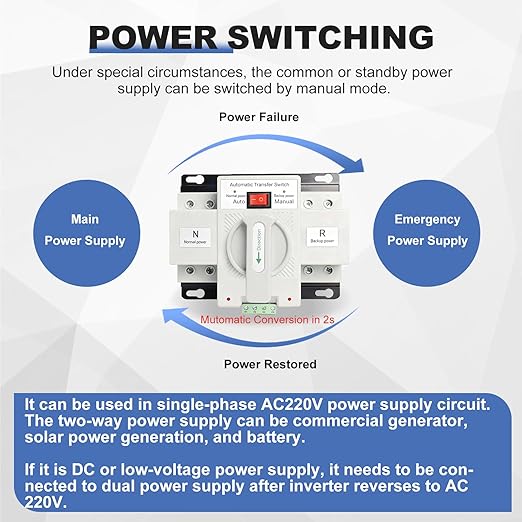 220V Automatic Transfer Switch, Dual Power 2P 63A CE Certified ATS Generator Changeover Switch 50Hz/60Hz, White