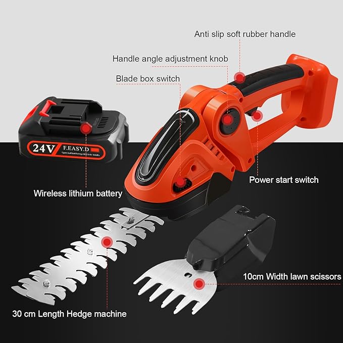 Hedge Trimmer Cordless 24V, 2-in-1 Grass Cutter & Shrub Trimmer, 90° Adjustable Head, Handheld Hedge Trimmer for Lawn Edging & Garden