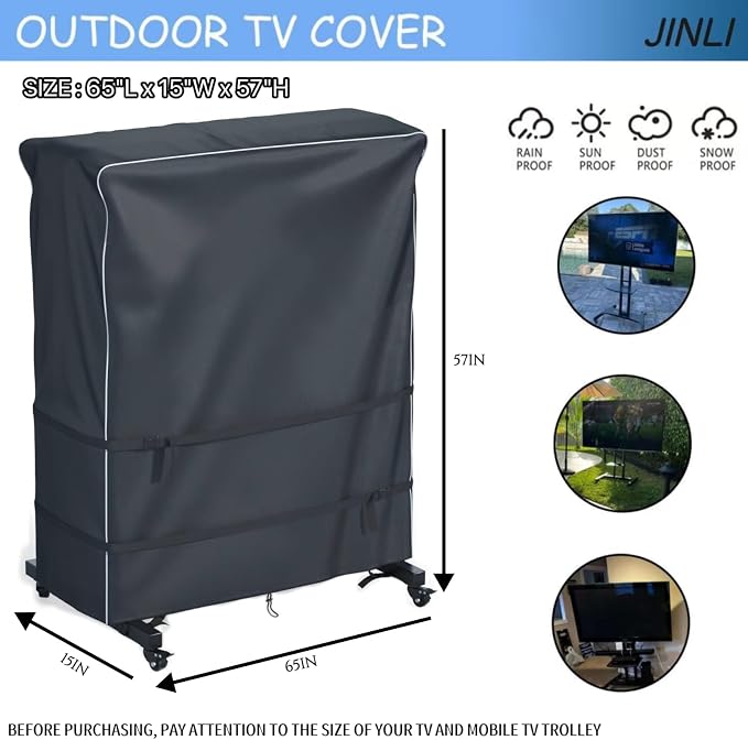 JINLI 65-70 inch outdoor TV trolley cover, courtyard TV cover, Oxford fabric waterproof and dustproof, triple windproof design, compatible with rolling/mobile stand